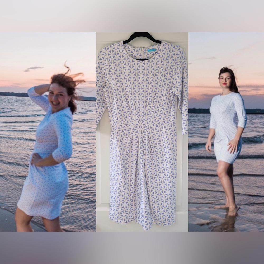 J. McLaughlin 3/4 Sleeve Periwinkle Catalina Cloth Print Dress Size M w Ruching - Picture 6 of 11